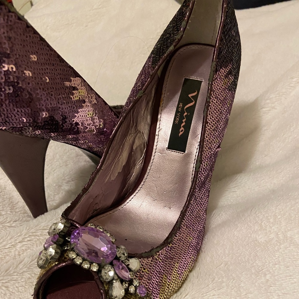Purple shoe, beaded, heel, Nina, shoes, open toe, jeweled front
